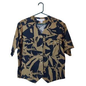 Toto n Ko Linen Cotton Tropical Brown Black Vintage Safari Camp Shirt Medium